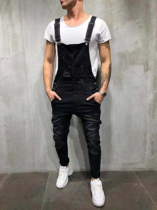 Men's Distressed Ripped Jean Suspender Pants