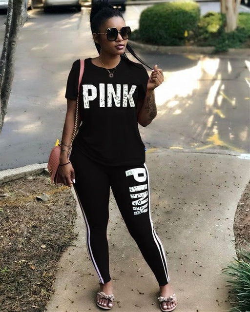 RAISEVERN PINK Letter Print Tracksuits Women Two Piece Set Spring Street t-shirt Tops and Jogger Set Suits Casual 2pcs Outfits