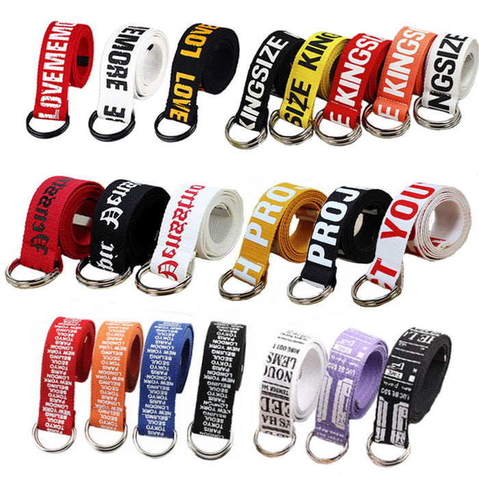 24 styles Unisex Canvas Belts Letters Printed D Ring Double Buckle Punk Waist Strap Women Men Teenager Long Wide white Belt