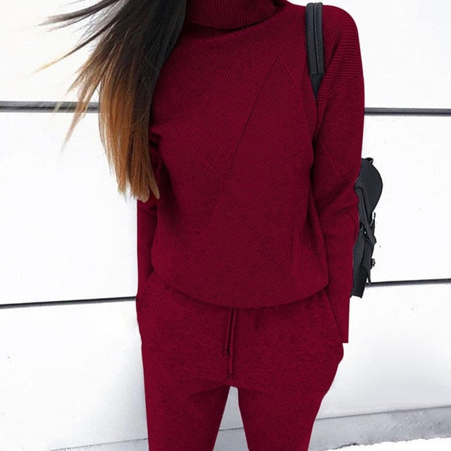 MVGIRLRU Woman Sweater Suits Casual  Knit Tracksuit Turtleneck Pullovers+pants Two Piece Sets Female Outfits