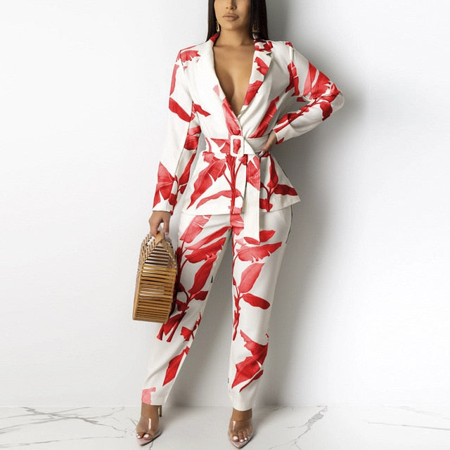 Women Two Piece Set Belted Blazer Jacket Tops and OL Pants 2 Piece Outfits Fall Winter Elegant Office Ladies Workwear Streetwear