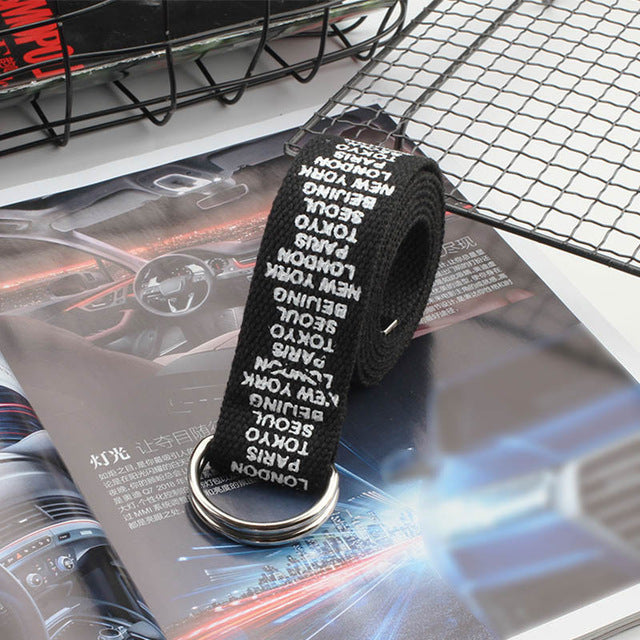 24 styles Unisex Canvas Belts Letters Printed D Ring Double Buckle Punk Waist Strap Women Men Teenager Long Wide white Belt