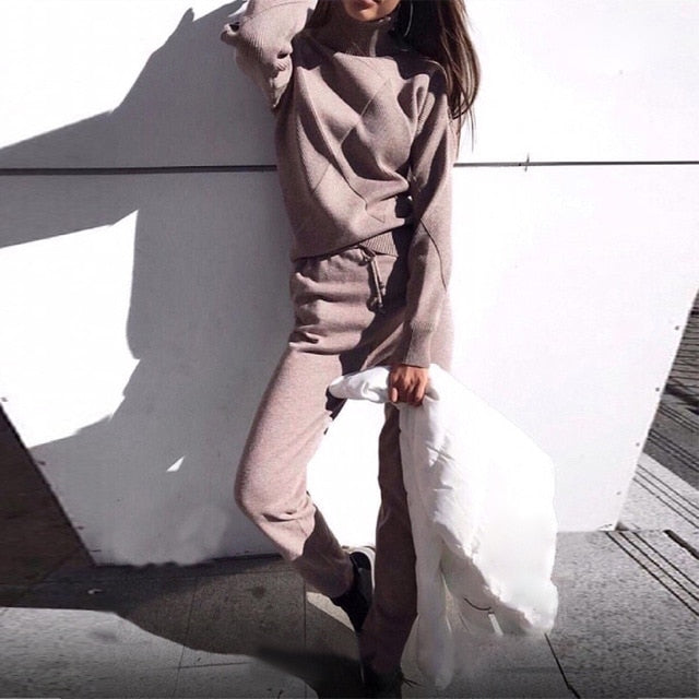 MVGIRLRU Woman Sweater Suits Casual  Knit Tracksuit Turtleneck Pullovers+pants Two Piece Sets Female Outfits