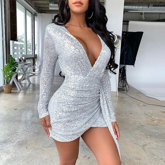 Lady Sequin Sexy V Neck Bodycon Dress