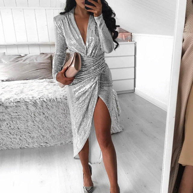 Lady Sequin Sexy V Neck Bodycon Dress