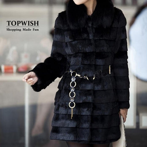 Luxury Fox Fur Collar Stripe Long Coat