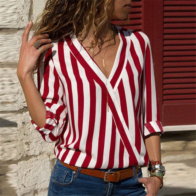 Women Striped Long Sleeve Blouse V-neck