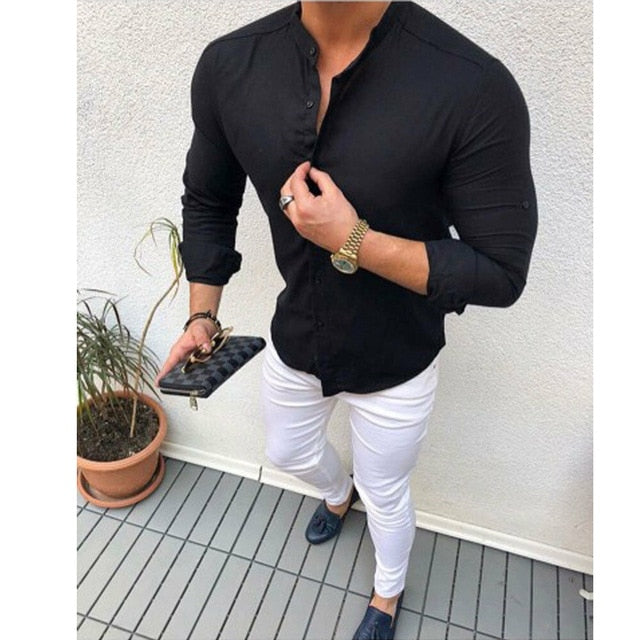 Slim V Neck Long Sleeve Solid Shirt
