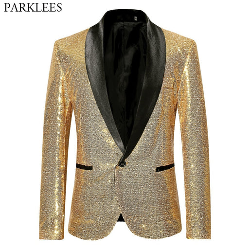 Shiny Gold Sequin Bling Glitter Suits&Blazer Men 2019 New Shawl Collar Club DJ Mens Blazer Jacket Stage Clothers for Singers Xxl