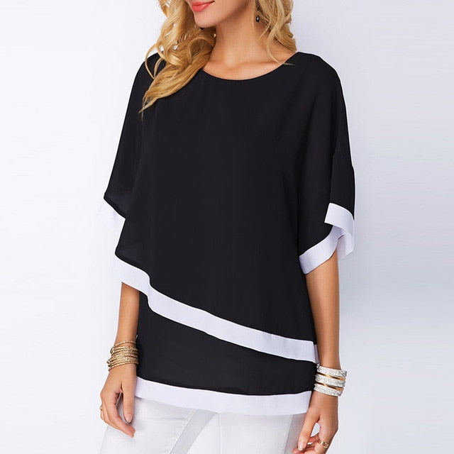 Casual Short Sleeve Patchwork Blouses
