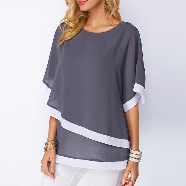 Casual Short Sleeve Patchwork Blouses
