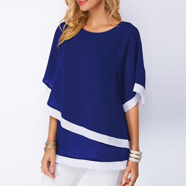 Casual Short Sleeve Patchwork Blouses