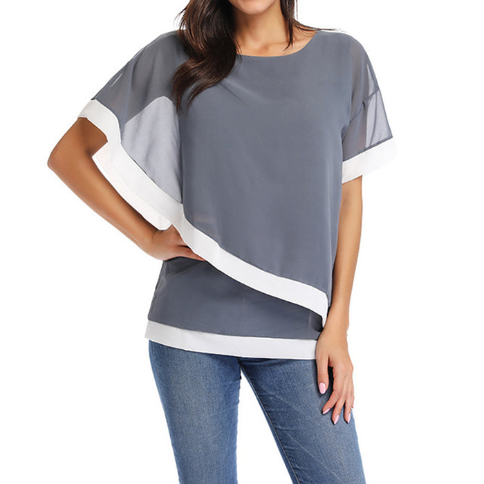 Casual Short Sleeve Patchwork Blouses