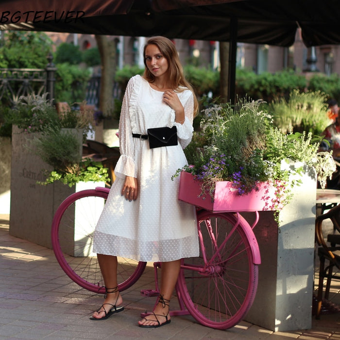 Elastic Waist Flare Vestidos A-line White Dress
