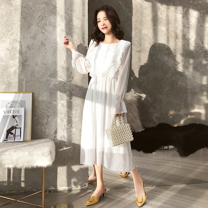 Elastic Waist Flare Vestidos A-line White Dress