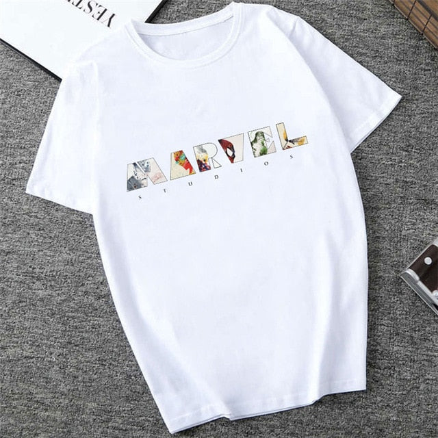 Showtly   MARVEL Studios White T shirt  Captain America Iron  Spider Short Sleeve Vogue  The Avengers Summer Tee Tops