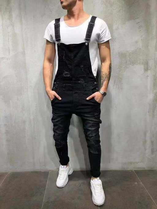 Men's Distressed Ripped Jean Suspender Pants