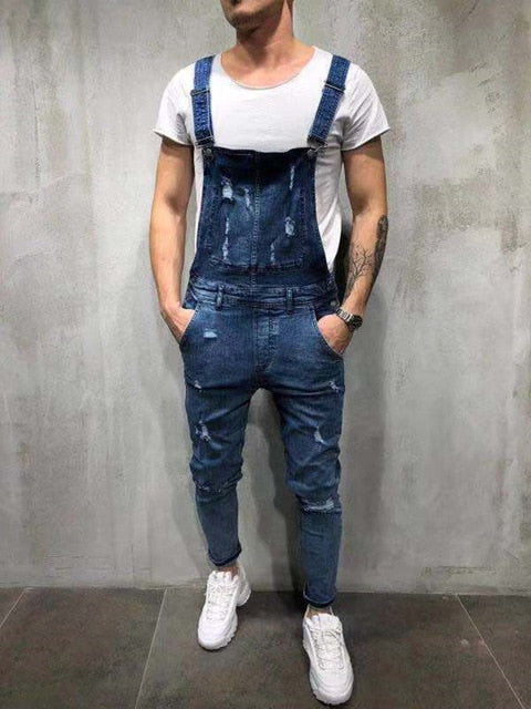Men's Distressed Ripped Jean Suspender Pants