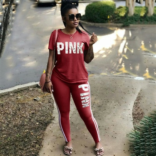 RAISEVERN PINK Letter Print Tracksuits Women Two Piece Set Spring Street t-shirt Tops and Jogger Set Suits Casual 2pcs Outfits