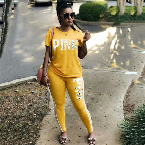 RAISEVERN PINK Letter Print Tracksuits Women Two Piece Set Spring Street t-shirt Tops and Jogger Set Suits Casual 2pcs Outfits