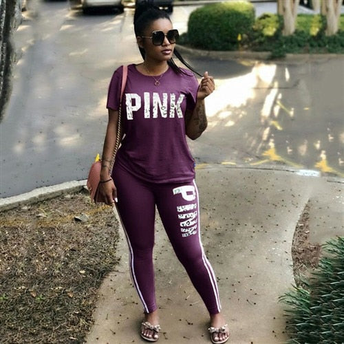 RAISEVERN PINK Letter Print Tracksuits Women Two Piece Set Spring Street t-shirt Tops and Jogger Set Suits Casual 2pcs Outfits