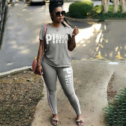 RAISEVERN PINK Letter Print Tracksuits Women Two Piece Set Spring Street t-shirt Tops and Jogger Set Suits Casual 2pcs Outfits