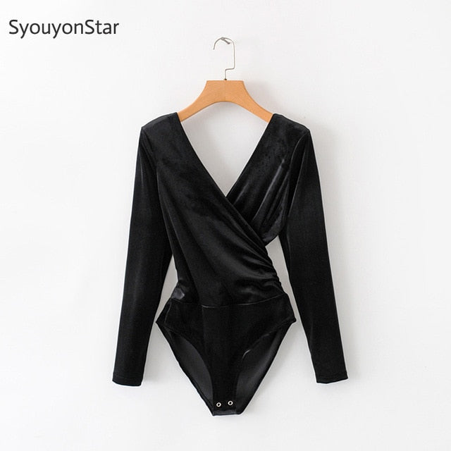 SyouyonStar Velvet Bodysuit Women Jumpsuits Deep V Neck Long Sleeve Autumn Rompers Sexy Slim jump suit body Red Bodysuits