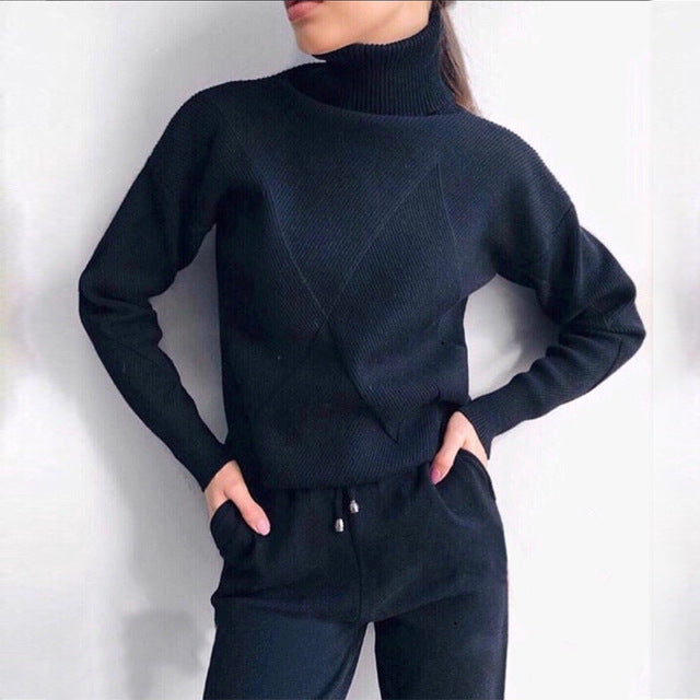 MVGIRLRU Woman Sweater Suits Casual  Knit Tracksuit Turtleneck Pullovers+pants Two Piece Sets Female Outfits
