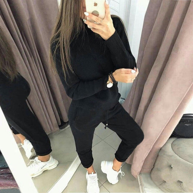 MVGIRLRU Woman Sweater Suits Casual  Knit Tracksuit Turtleneck Pullovers+pants Two Piece Sets Female Outfits
