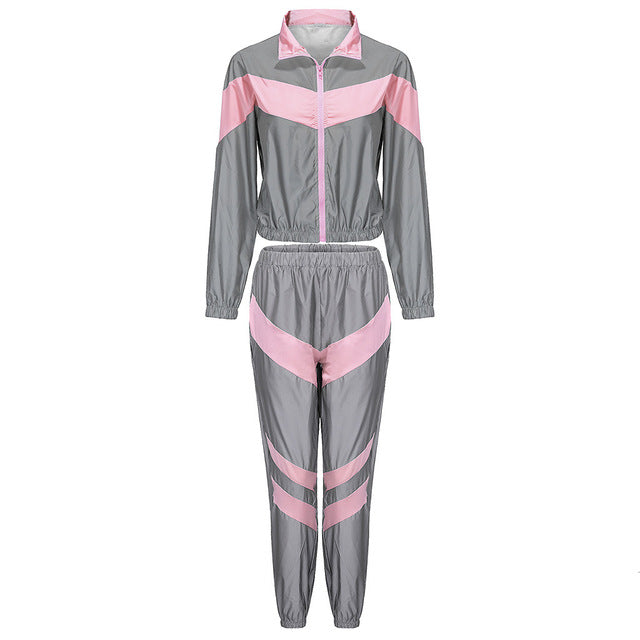 Women Tracksuits 2 Piece Set Reflective Zip Crop Top Pants Windbreaker Fashion Female Loose Glow Jacket Coat Trousers Plus Size