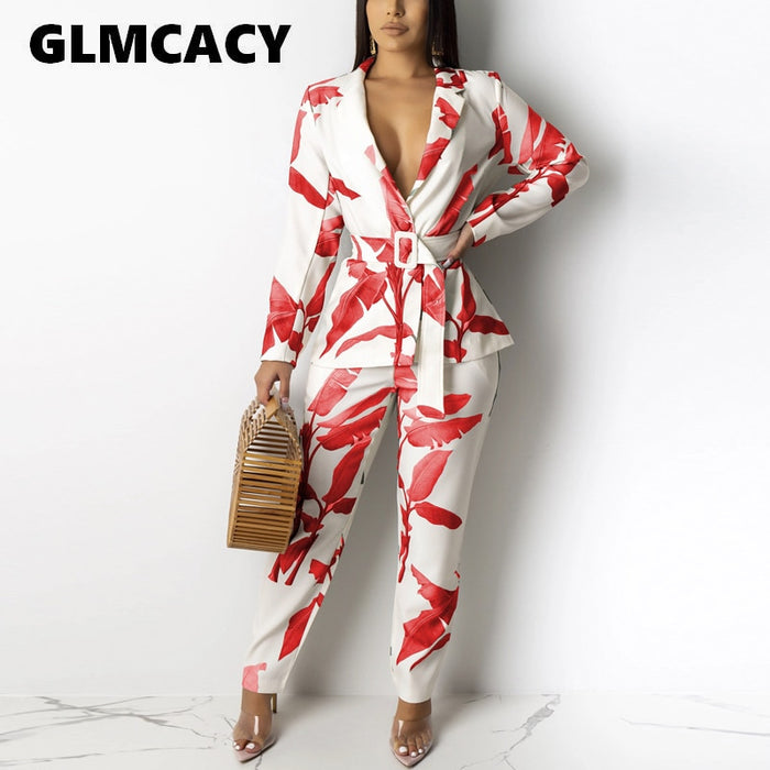 Women Two Piece Set Belted Blazer Jacket Tops and OL Pants 2 Piece Outfits Fall Winter Elegant Office Ladies Workwear Streetwear