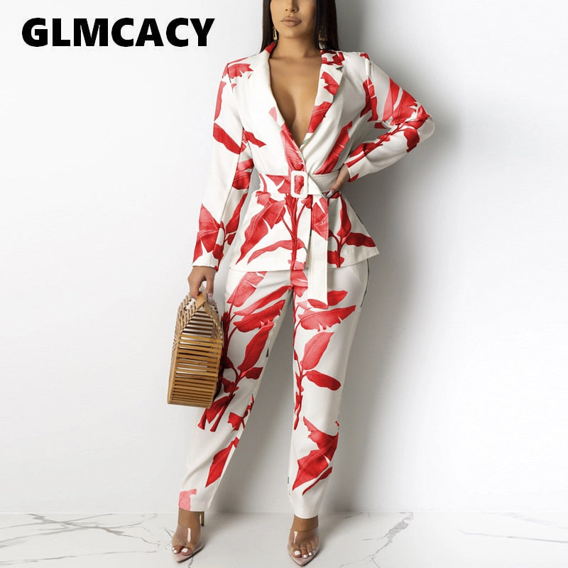 Women Two Piece Set Belted Blazer Jacket Tops and OL Pants 2 Piece Outfits Fall Winter Elegant Office Ladies Workwear Streetwear