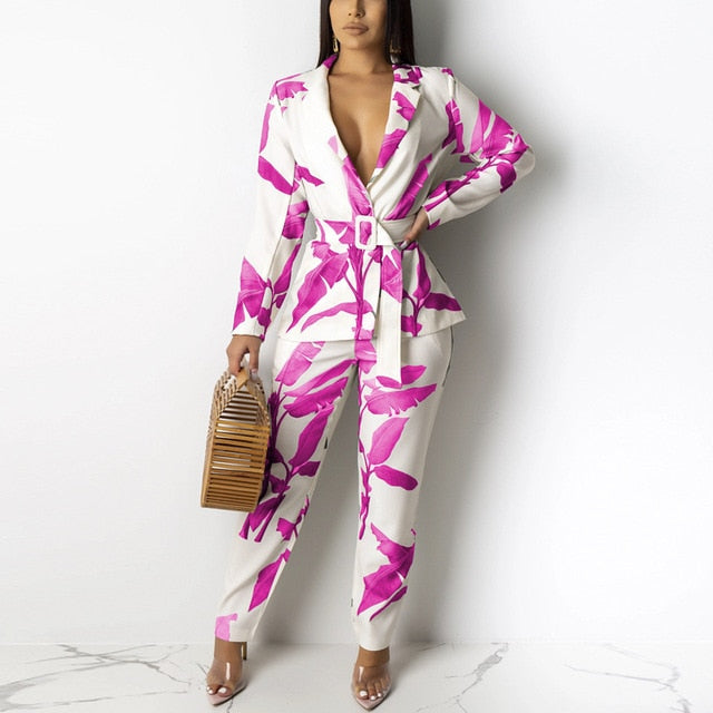 Women Two Piece Set Belted Blazer Jacket Tops and OL Pants 2 Piece Outfits Fall Winter Elegant Office Ladies Workwear Streetwear