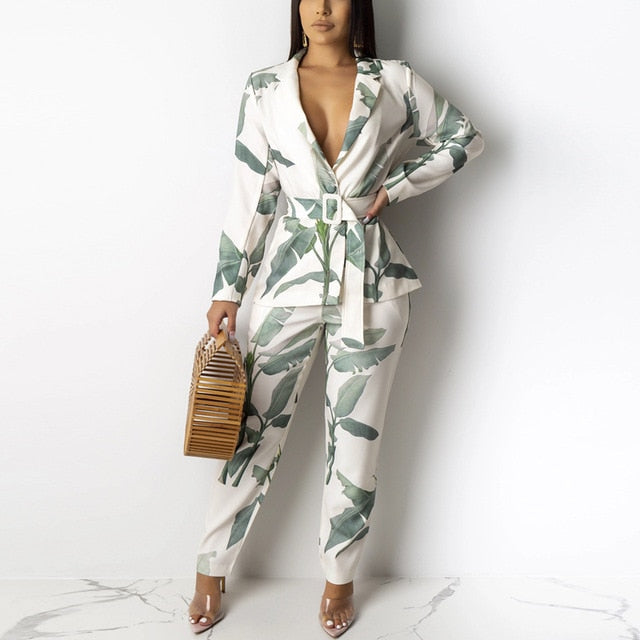 Women Two Piece Set Belted Blazer Jacket Tops and OL Pants 2 Piece Outfits Fall Winter Elegant Office Ladies Workwear Streetwear