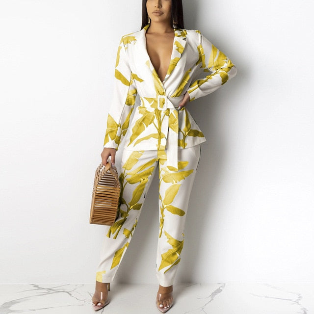 Women Two Piece Set Belted Blazer Jacket Tops and OL Pants 2 Piece Outfits Fall Winter Elegant Office Ladies Workwear Streetwear