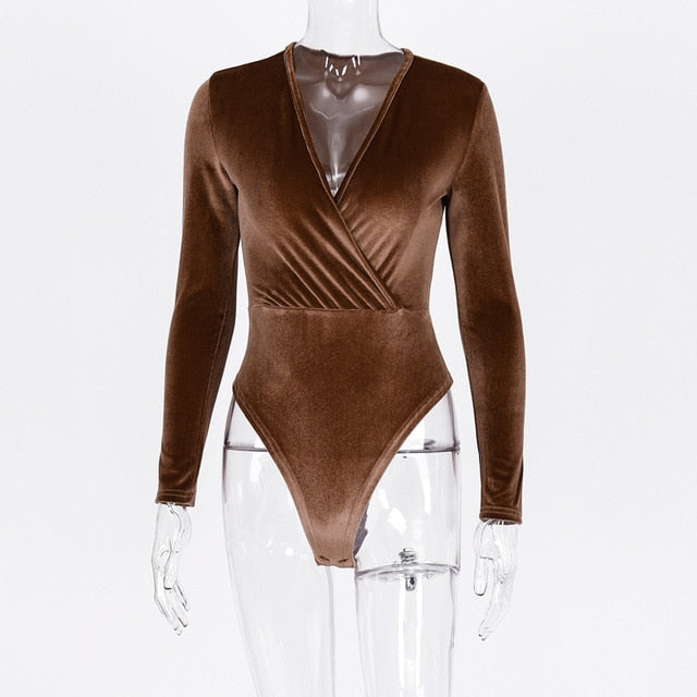 long sleeve velvet V-neck sexy bodysuit