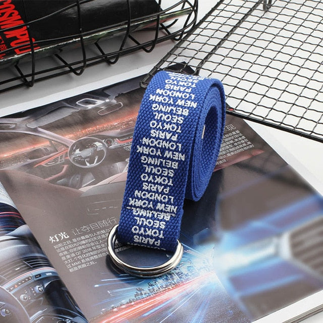 24 styles Unisex Canvas Belts Letters Printed D Ring Double Buckle Punk Waist Strap Women Men Teenager Long Wide white Belt