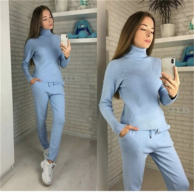 MVGIRLRU Woman Sweater Suits Casual  Knit Tracksuit Turtleneck Pullovers+pants Two Piece Sets Female Outfits