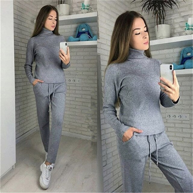 MVGIRLRU Woman Sweater Suits Casual  Knit Tracksuit Turtleneck Pullovers+pants Two Piece Sets Female Outfits
