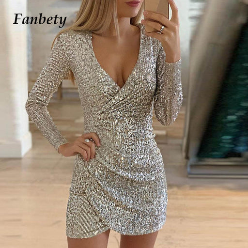 Lady Sequin Sexy V Neck Bodycon Dress