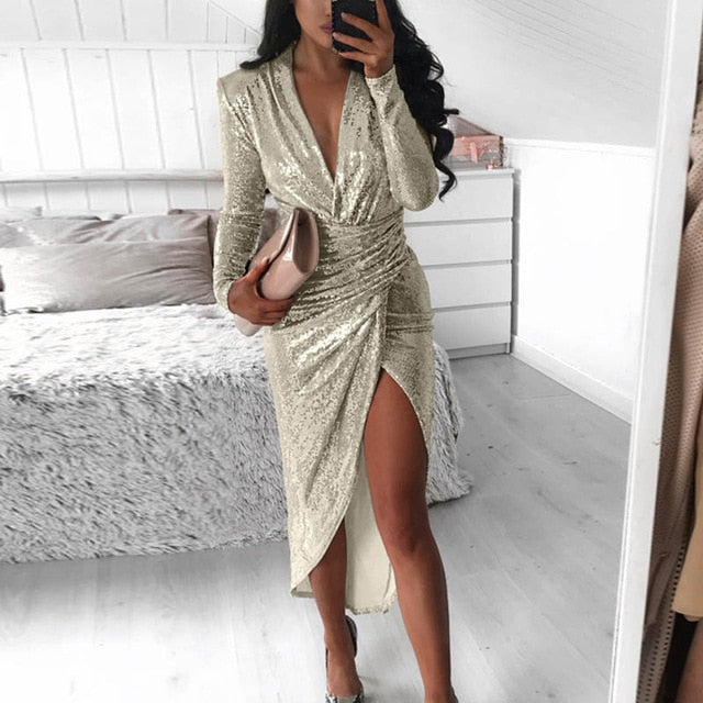 Lady Sequin Sexy V Neck Bodycon Dress