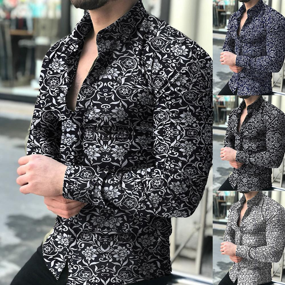 Fashion Men Long Sleeve Floral Print Shirt