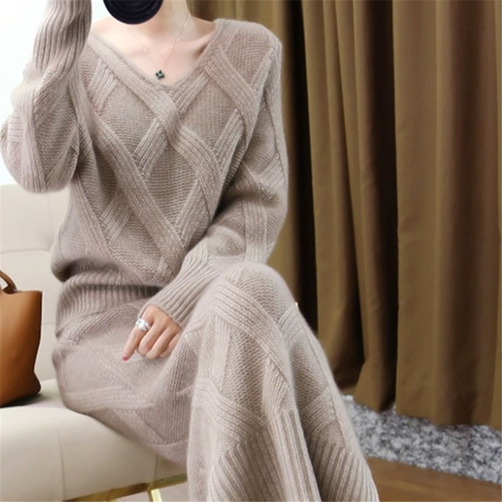 New 2019 Winter Knitted Womans Suits Thick Loose Sweater + Pencil Skirts Sets for Woman Casual Ladies Two-pieces Suit Quality