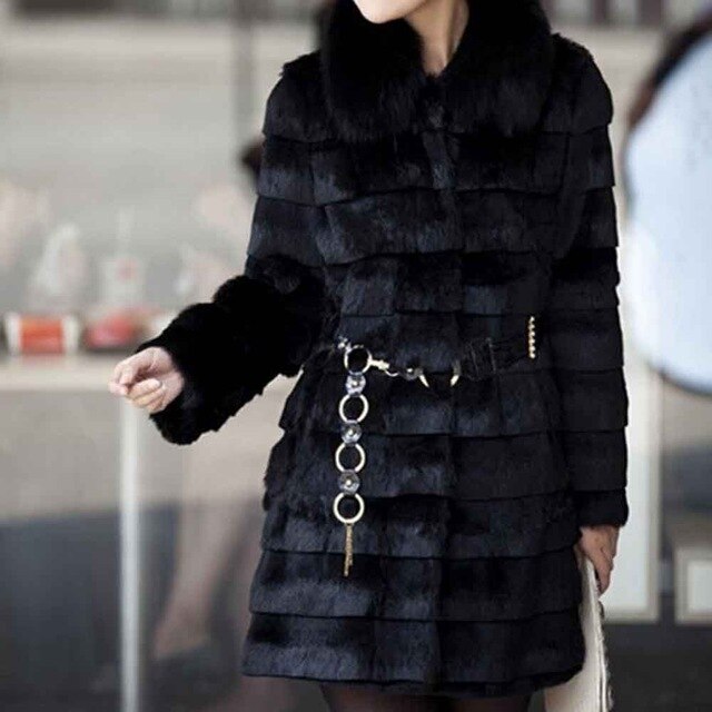 Luxury Fox Fur Collar Stripe Long Coat