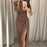 VIEUNSTA Sexy Off Shoulder Party Dress Women High Slit Peplum Bodycon Dress Autumn Three Quarter Sleeve Bright Silk Shiny Dress