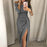 VIEUNSTA Sexy Off Shoulder Party Dress Women High Slit Peplum Bodycon Dress Autumn Three Quarter Sleeve Bright Silk Shiny Dress