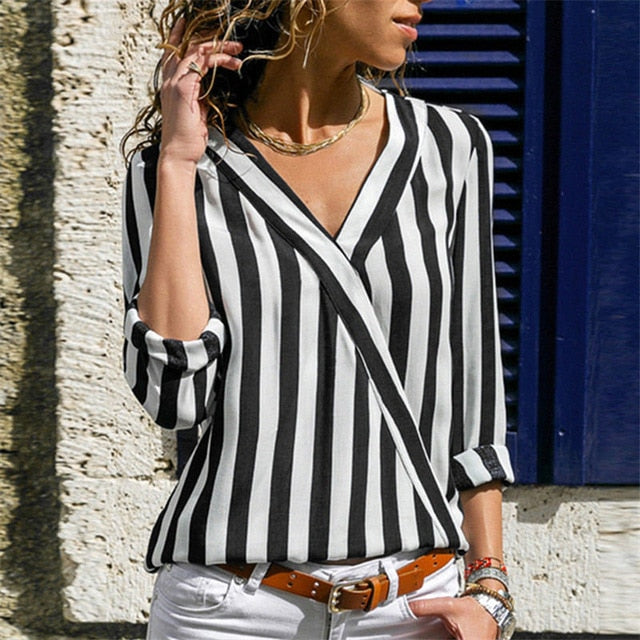Women Striped Long Sleeve Blouse V-neck
