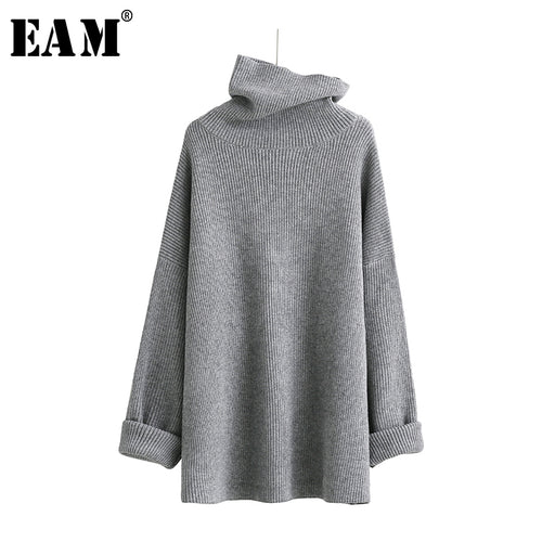 [EAM]2019 New Spring High Collar Long Sleeve Solid Coor Black Gary Loose Big Size Warm Knitting Sweater Women Fashion JA950