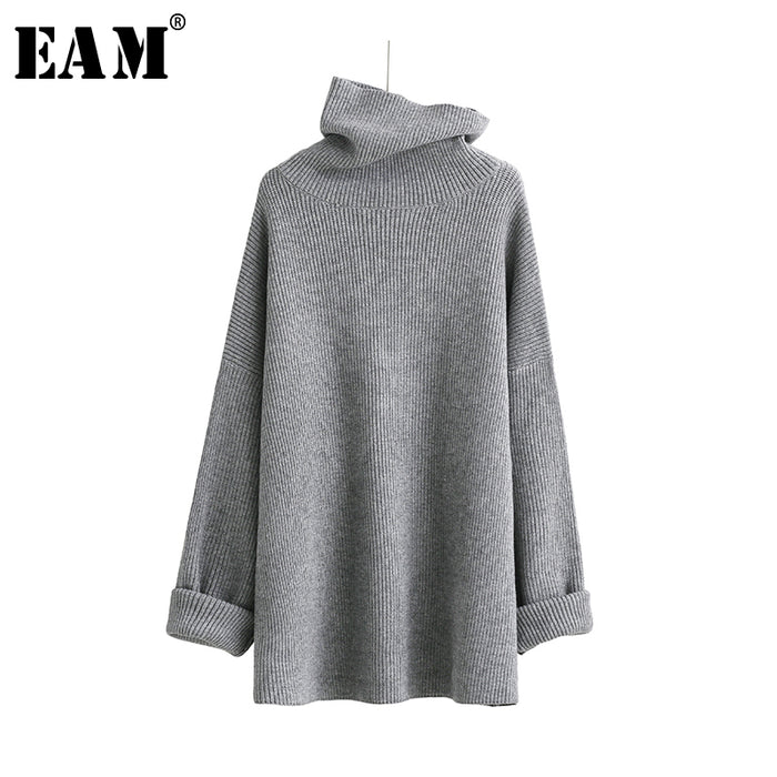 [EAM]2019 New Spring High Collar Long Sleeve Solid Coor Black Gary Loose Big Size Warm Knitting Sweater Women Fashion JA950