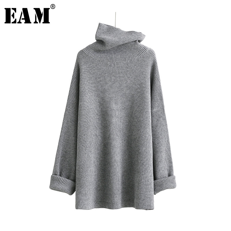 [EAM]2019 New Spring High Collar Long Sleeve Solid Coor Black Gary Loose Big Size Warm Knitting Sweater Women Fashion JA950